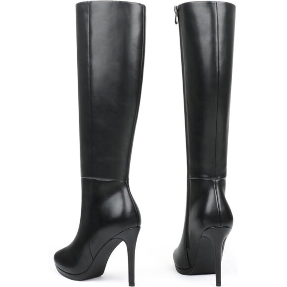 Women's Black Rubber Stiletto Knee High Boots Platform Side Zipper Long Boots - Picture 3 of 9